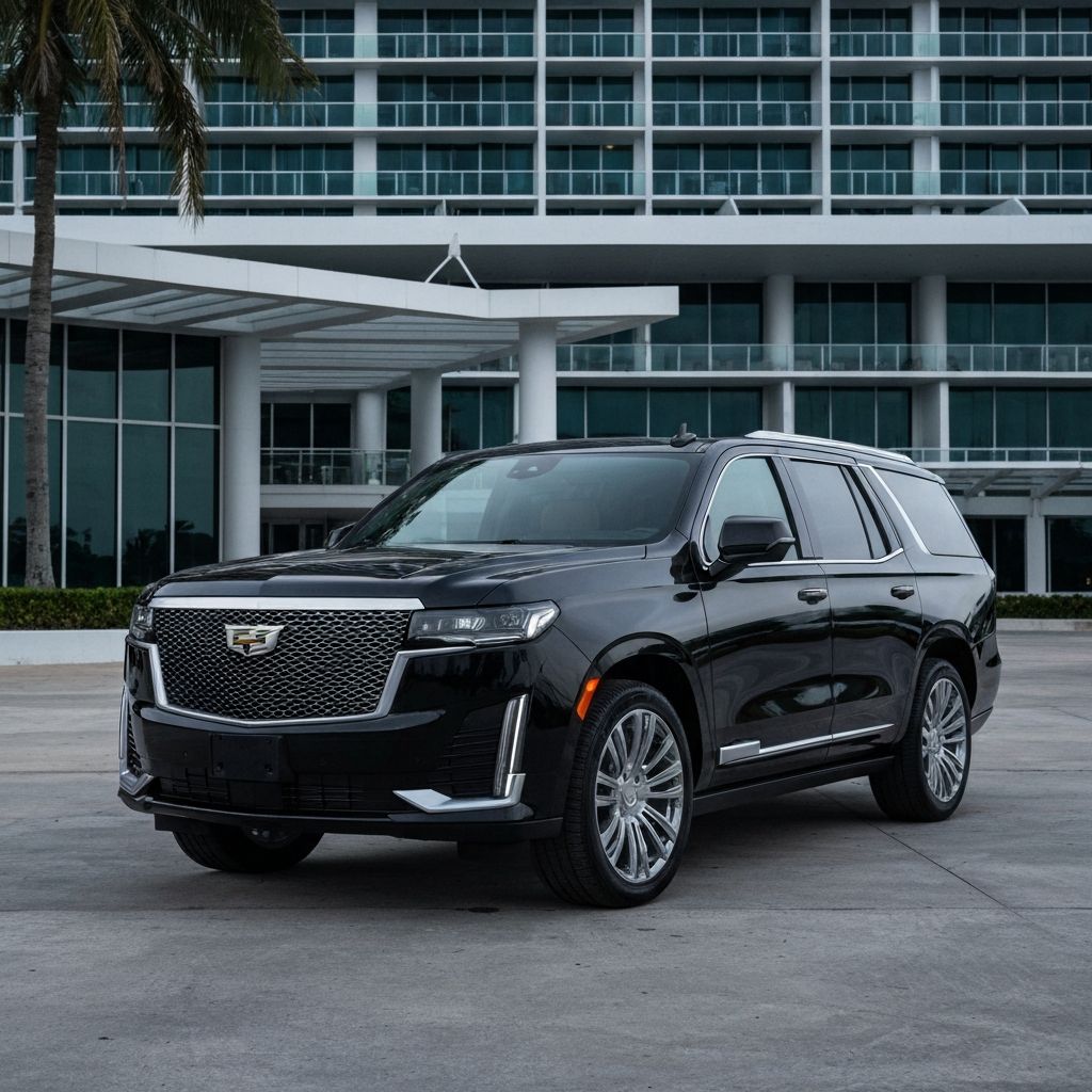 Luxury black 2026 Cadillac Escalade SUV chauffeur service in Miami